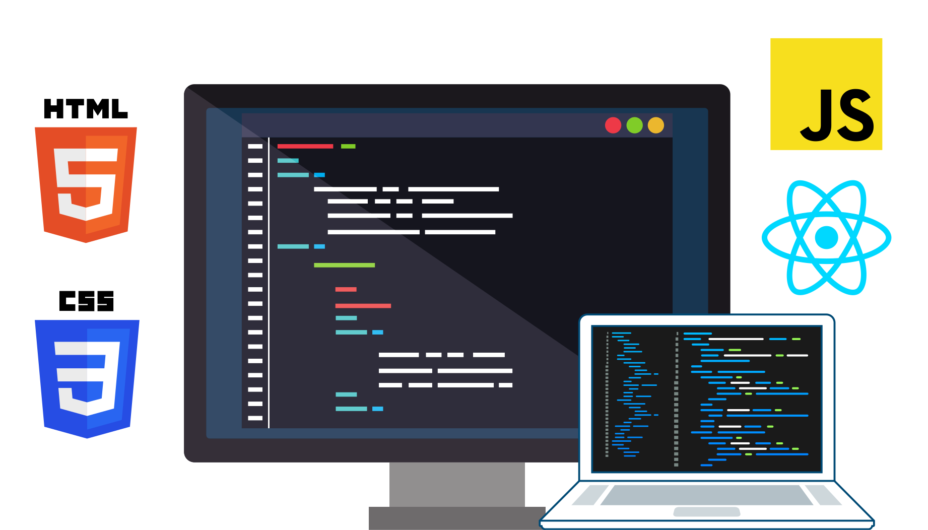 Monitor, laptop y logos de HTML, CSS, JavaScript y React.